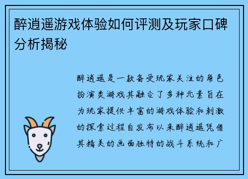 醉逍遥游戏体验如何评测及玩家口碑分析揭秘